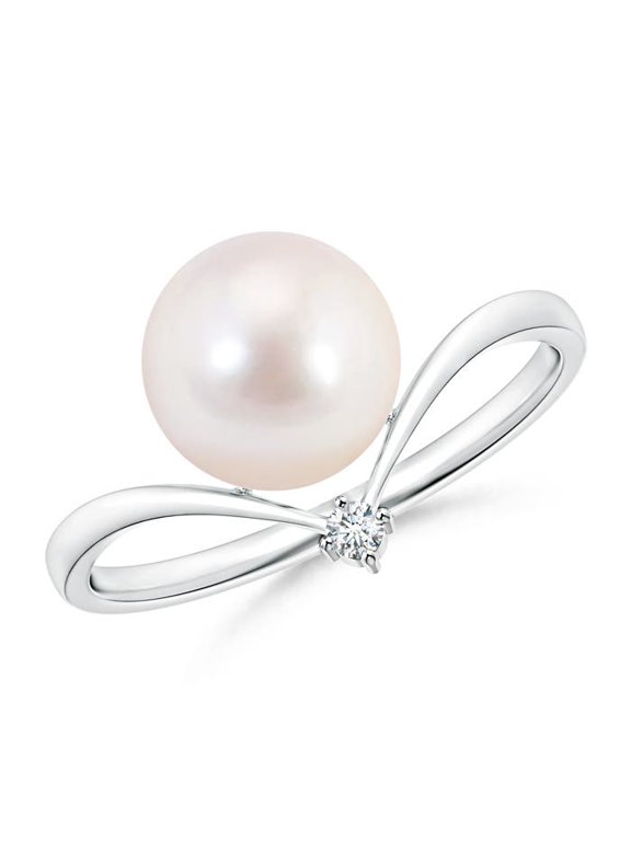 Japanese Akoya Cultured Pearl Chevron Ring with Diamond in 925 Sterling Silver for Women | June Birthstone, Birthday, Anniversary, Jewelry Gift for Women | Pearl Ring