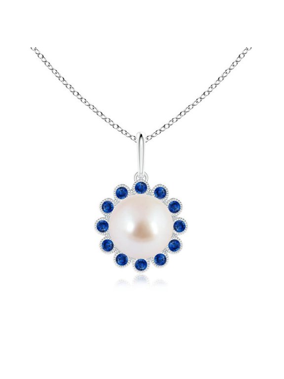 Akoya Pearl Necklace for Women in Sterling Silver - Japanese Akoya Pearl and Sapphire Halo Pendant Necklace with Milgrain, June Birthstone Jewelry