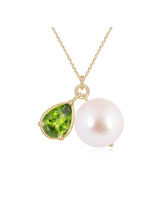 Akoya Pearl Necklace for Women in 14K Yellow Gold - Akoya Pearl and Pear Peridot Charm Necklace, June Birthstone Jewelry