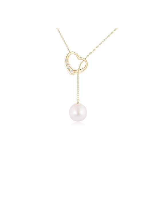Akoya Pearl Necklace for Women in 14K Yellow Gold - Japanese Akoya Pearl Lariat Style Heart Necklace, June Birthstone Jewelry