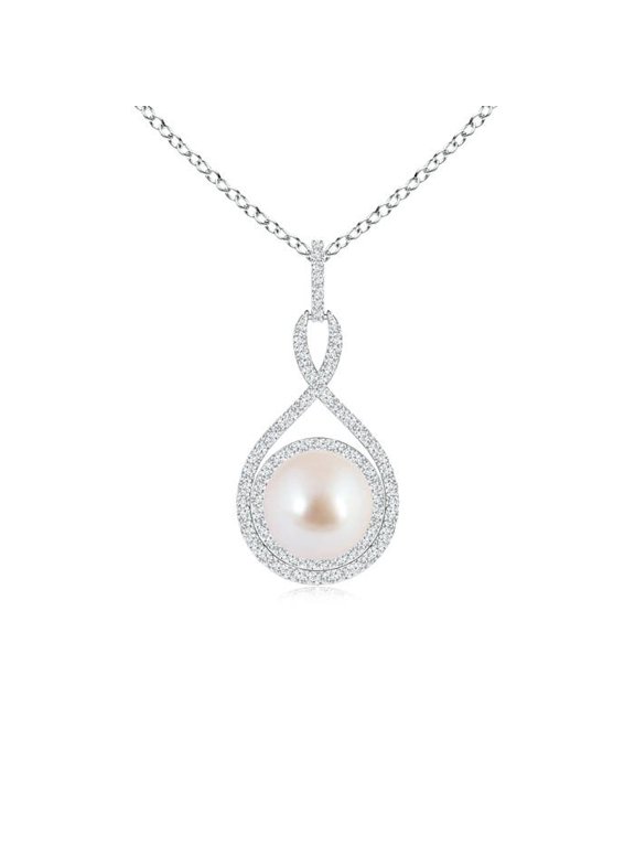 Akoya Pearl Necklace for Women in Sterling Silver - Japanese Akoya Pearl Infinity Pendant Necklace with Diamond Halo, June Birthstone Jewelry
