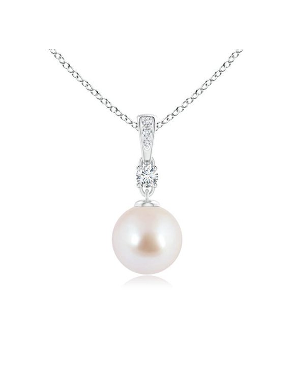 Akoya Pearl Necklace for Women in Sterling Silver - Japanese Akoya Pearl Pendant Necklace Necklace with Diamonds, June Birthstone Jewelry