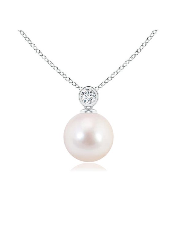 Akoya Pearl Necklace for Women in Sterling Silver - Japanese Akoya Pearl Pendant Necklace with Bezel Set Diamond, June Birthstone Jewelry