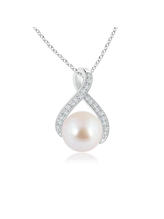 Akoya Pearl Necklace for Women in Sterling Silver - Japanese Akoya Pearl Swirl Ribbon Pendant Necklace with Diamonds, June Birthstone Jewelry