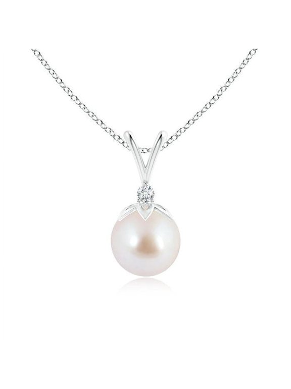Akoya Pearl Necklace for Women in Sterling Silver - Japanese Akoya Pearl V Bale Pendant Necklace with Diamond, June Birthstone Jewelry