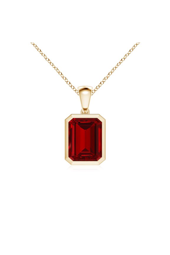Bezel-Set Emerald-Cut Lab Grown 4 Ct Ruby Solitaire Pendant for Women in 14K Yellow Gold (Size-10x8mm) | July Birthstone, Anniversary, Jewelry Gift for Women | Lab-Grown Ruby Necklace