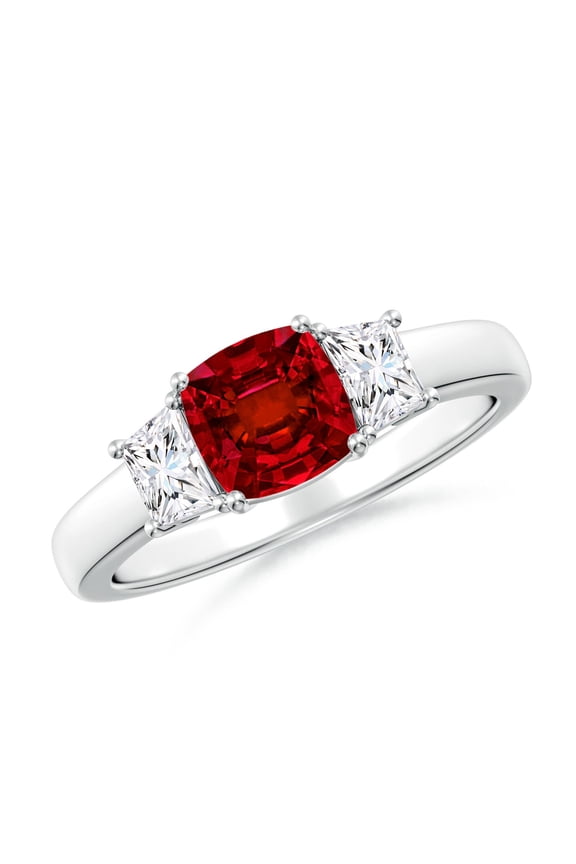 Cushion Lab Grown Ruby and Trapezoid Diamond Three Stone Engagement Ring for Women in 14K White Gold (Size-6mm) | July Birthstone, Anniversary, Jewelry Gift for Women | Lab-Grown Ruby Ring