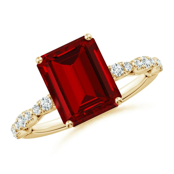 ANGARA Classic Emerald-Cut Lab Grown 4 Ct Ruby Crescent Engagement Ring in 14K Yellow Gold for Women (Size-10x8mm) | July Birthstone, Anniversary, Jewelry Gift for Women | Lab Grown Ruby Ring