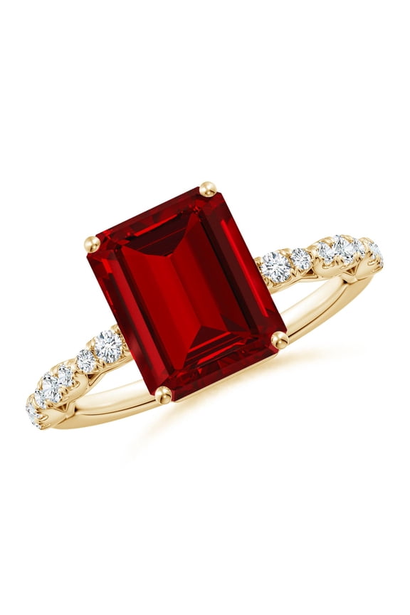 Classic Emerald-Cut Lab Grown 4 Ct Ruby Crescent Engagement Ring for Women in 14K Yellow Gold (Size-10x8mm) | July Birthstone, Anniversary, Jewelry Gift for Women | Lab-Grown Ruby Ring