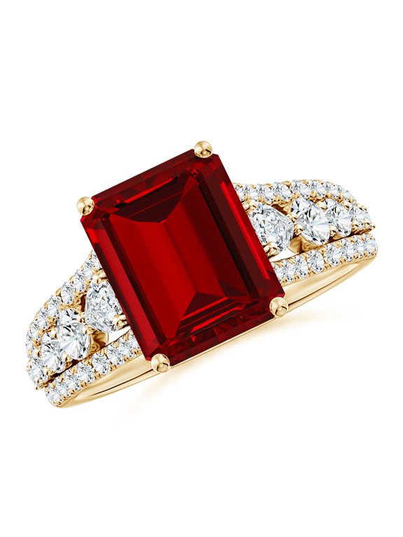 Classic Emerald-Cut Lab Grown 4 Ct Ruby Split Shank Engagement Ring for Women in 14K Yellow Gold (Size-10x8mm) | July Birthstone, Anniversary, Jewelry Gift for Women | Lab-Grown Ruby Ring