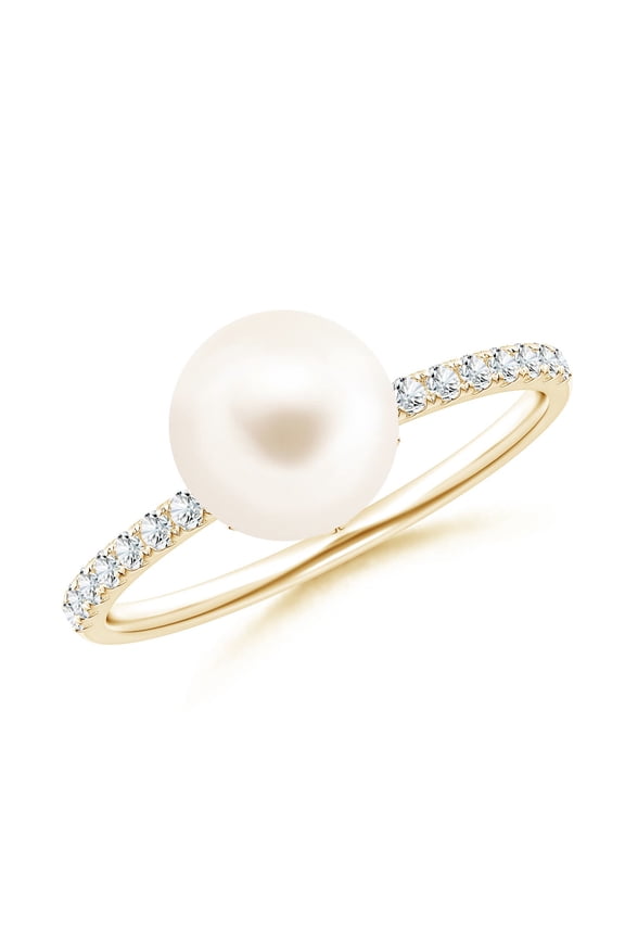 Classic Freshwater Cultured Pearl & Diamond Solitaire Ring in 14K Yellow Gold for Women | June Birthstone, Birthday, Anniversary, Jewelry Gift for Women | Pearl Ring