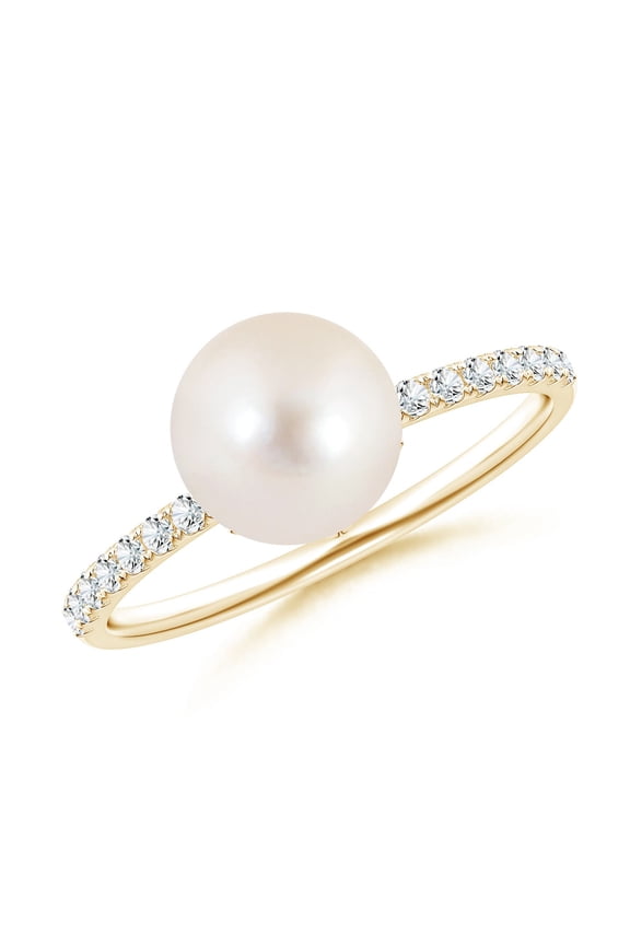 Classic Freshwater Cultured Pearl & Diamond Solitaire Ring in 14K Yellow Gold for Women | June Birthstone, Birthday, Anniversary, Jewelry Gift for Women | Pearl Ring