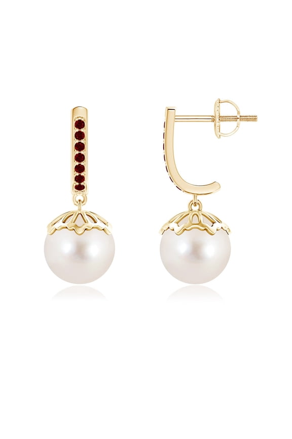 Classic Freshwater Cultured Pearl & Ruby Dangle Earrings in 14K Yellow Gold for Women | June Birthstone, Birthday, Anniversary, Jewelry Gift for Women | Pearl Earrings