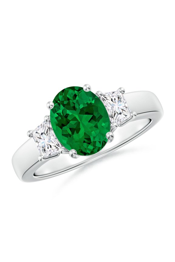 Lab Grown 1.5 Ct Emerald & Trapezoid Diamond Three Stone Engagement Ring in 14K White Gold for Women (Size-9x7mm) | May Birthstone, Anniversary, Jewelry Gift for Women | Lab Grown Emerald Ring