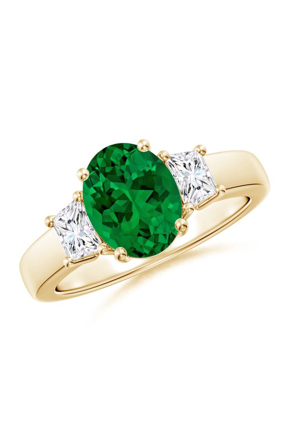 Lab Grown 1.5 Ct Emerald & Trapezoid Diamond 3 Stone Engagement Ring in 14K Yellow Gold for Women (Size-9x7mm) | May Birthstone, Anniversary, Jewelry Gift for Women | Lab Grown Emerald Ring