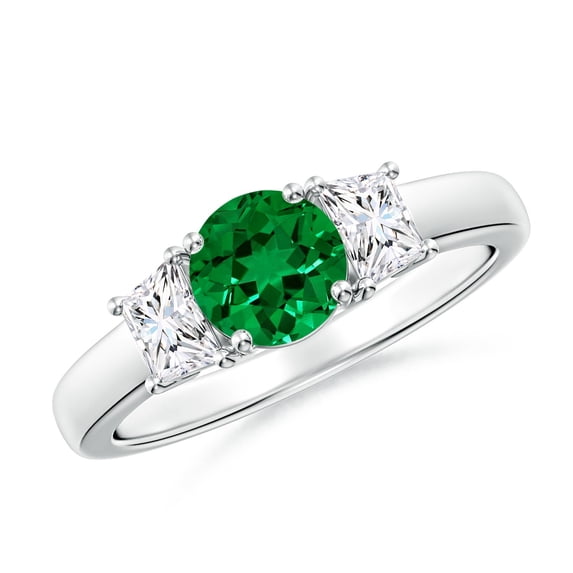 ANGARA Round Lab Grown Emerald and Trapezoid Diamond Three Stone Engagement Ring for Women in 14K White Gold (Size-6mm) | May Birthstone, Anniversary, Jewelry Gift for Women | Lab-Grown Emerald Ring