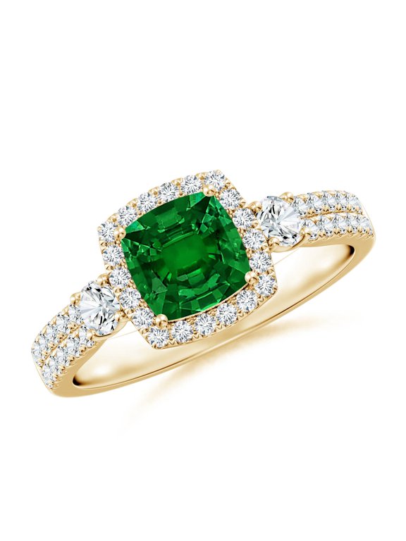 Cushion Lab Grown Emerald Halo Double Shank Engagement Ring for Women in 14K Yellow Gold (Size-6mm) | May Birthstone, Birthday, Anniversary, Jewelry Gift for Women | Lab-Grown Emerald Ring