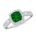 thumbnail image 1 of ANGARA Cushion Lab Grown Emerald Halo Double Shank Engagement Ring for Women in 14K White Gold (Size-6mm) | May Birthstone Jewelry for Her | Lab-Grown Emerald Engagement Ring, 1 of 9