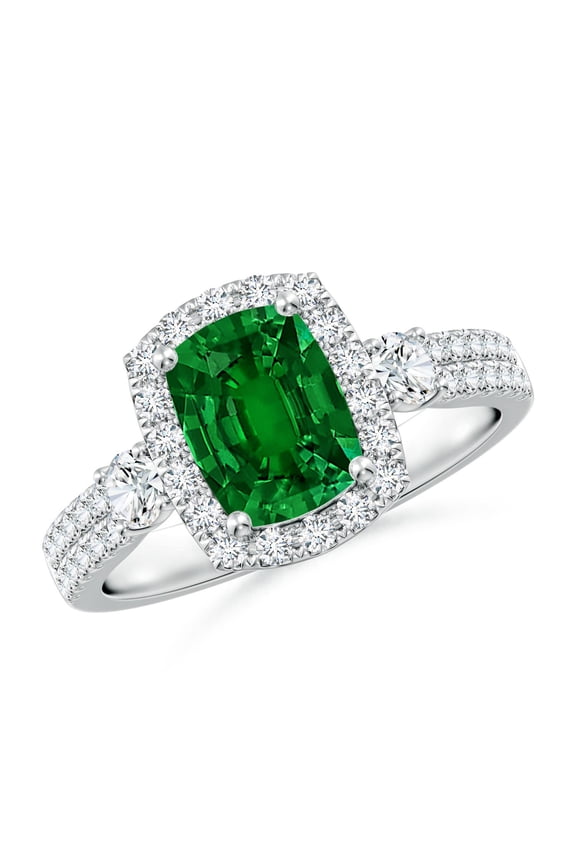 Cushion Rectangular Lab Grown Emerald Halo Double Shank Engagement Ring in 14K White Gold for Women (Size-8x6mm) | May Birthstone, Anniversary, Jewelry Gift for Women | Lab Grown Emerald Ring