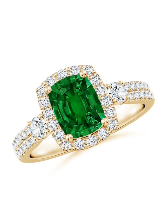 Cushion Rectangular Lab Grown Emerald Halo Double Shank Engagement Ring for Women in 14K Yellow Gold (Size-8x6mm) | May Birthstone, Anniversary, Jewelry Gift for Women | Lab-Grown Emerald Ring