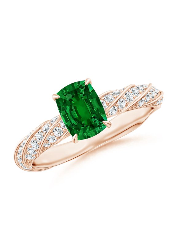 Cushion Rectangular Lab Grown Emerald Twisted Rope Shank Engagement Ring for Women in 14K Rose Gold (Size-7x5mm) | May Birthstone, Anniversary, Jewelry Gift for Women | Lab-Grown Emerald Ring