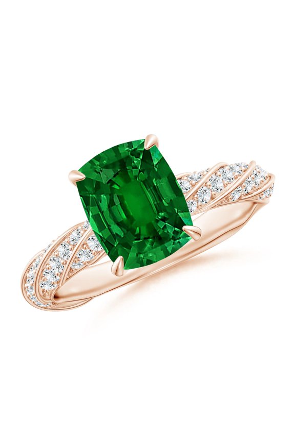 Cushion Rectangular Lab Grown Emerald Twisted Rope Shank Engagement Ring for Women in 14K Rose Gold (Size-9x7mm) | May Birthstone, Anniversary, Jewelry Gift for Women | Lab-Grown Emerald Ring