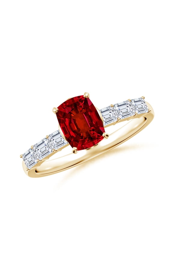 Cushion Rectangular Lab Grown Ruby Engagement Ring with Diamond Accents for Women in 14K Yellow Gold (Size-7x5mm) | July Birthstone, Anniversary, Jewelry Gift for Women | Lab-Grown Ruby Ring
