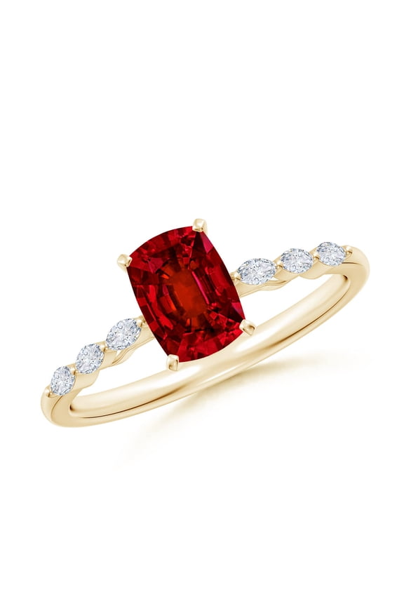 Cushion Rectangular Lab Grown Ruby Engagement Ring with Marquise Diamonds for Women in 14K Yellow Gold (Size-7x5mm) | July Birthstone, Anniversary, Jewelry Gift for Women | Lab-Grown Ruby Ring