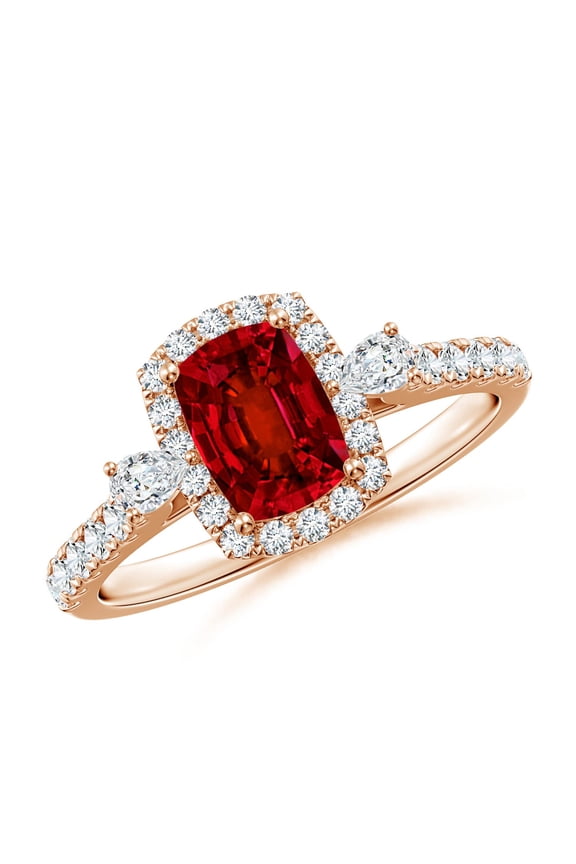 Cushion Rectangular Lab Grown Ruby Halo Side Stone Engagement Ring for Women in 14K Rose Gold (Size-7x5mm) | July Birthstone, Anniversary, Jewelry Gift for Women | Lab-Grown Ruby Ring