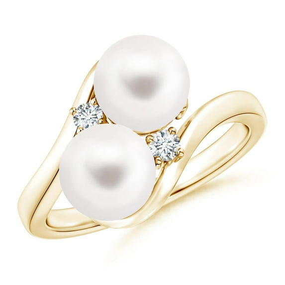 ANGARA Double Freshwater Cultured Pearl Ring with Diamond Accents in 14K Yellow Gold for Women | June Birthstone, Birthday, Anniversary, Jewelry Gift for Women | Pearl Ring