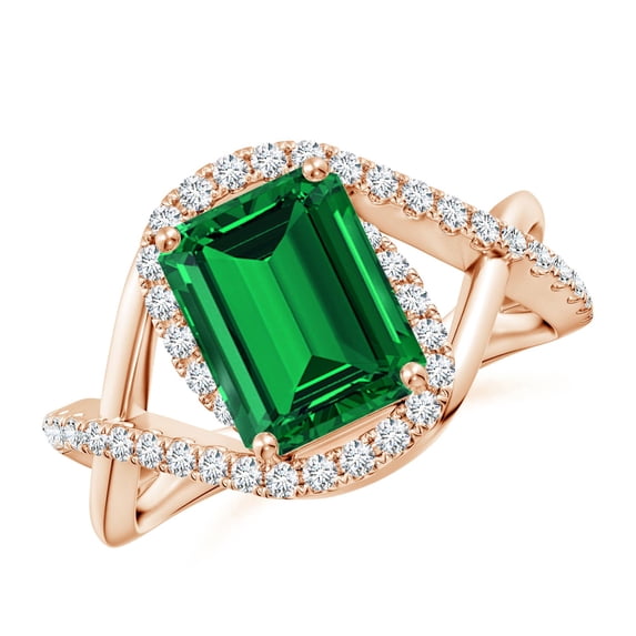 ANGARA Emerald-Cut Lab Grown 2.25 Ct Emerald Criss Cross Shank Engagement Ring for Women in 14K Rose Gold (Size-9x7mm) | May Birthstone, Anniversary, Jewelry Gift for Women | Lab-Grown Emerald Ring