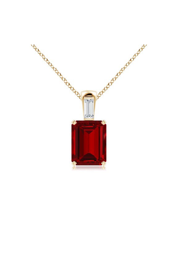 Emerald-Cut Lab Grown 3 Ct Ruby Pendant with Baguette Diamond for Women in 14K Yellow Gold (Size-9x7mm) | July Birthstone, Anniversary, Jewelry Gift for Women | Lab-Grown Ruby Necklace