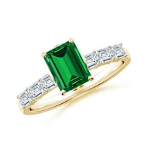 ANGARA Emerald-Cut Lab Grown 1 Ct Emerald Engagement Ring with Diamond Accents for Women in 14K Yellow Gold (Size-7x5mm) | May Birthstone, Anniversary, Jewelry Gift for Women | Lab-Grown Emerald Ring