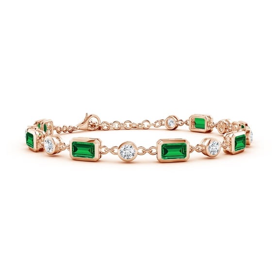 ANGARA Emerald-Cut Lab Grown 3.5 Ct Emerald and Diamond Station Bracelet for Women in 14K Rose Gold (Size-6x4mm) | May Birthstone, Anniversary, Jewelry Gift for Women | Lab-Grown Emerald Bracelet