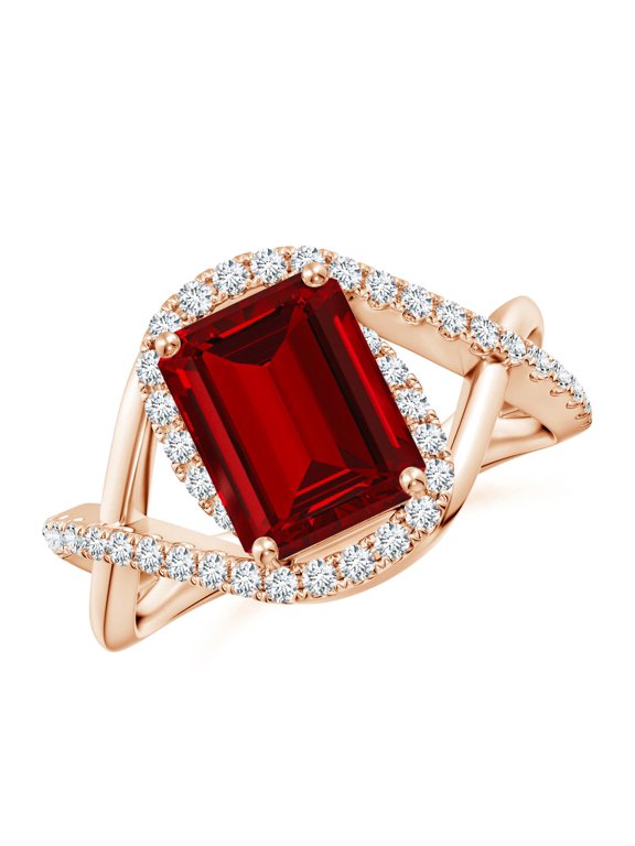 Emerald-Cut Lab Grown 3 Ct Ruby Criss Cross Shank Engagement Ring in 14K Rose Gold for Women (Size-9x7mm) | July Birthstone, Anniversary, Jewelry Gift for Women | Lab Grown Ruby Ring