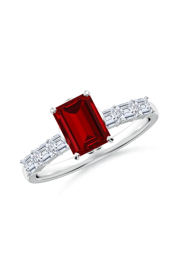Emerald-Cut Lab Grown 1 Ct Ruby Engagement Ring with Diamond Accents for Women in 14K White Gold (Size-7x5mm) | July Birthstone, Anniversary, Jewelry Gift for Women | Lab-Grown Ruby Ring