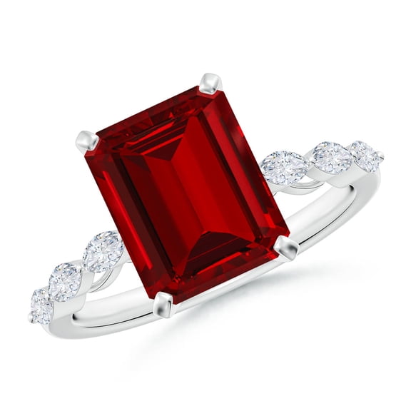 ANGARA Emerald-Cut Lab Grown 4 Ct Ruby Engagement Ring with Marquise Diamonds for Women in 14K White Gold (Size-10x8mm) | July Birthstone, Anniversary, Jewelry Gift for Women | Lab-Grown Ruby Ring