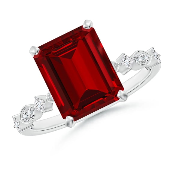 ANGARA Emerald-Cut Lab Grown 4 Ct Ruby Engagement Ring with Marquise Motifs in 14K White Gold for Women (Size-10x8mm) | July Birthstone, Anniversary, Jewelry Gift for Women | Lab Grown Ruby Ring
