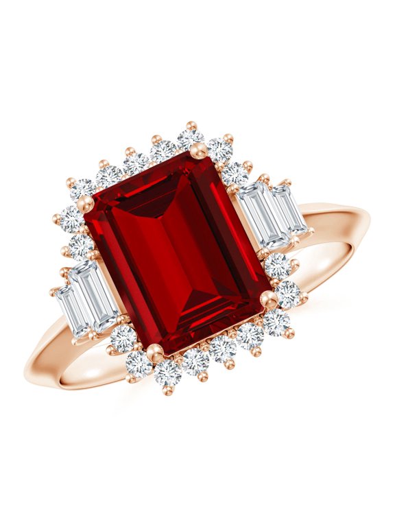 Emerald-Cut Lab Grown 3 Ct Ruby Halo Engagement Ring for Women in 14K Rose Gold (Size-9x7mm) | July Birthstone, Birthday, Anniversary, Jewelry Gift for Women | Lab-Grown Ruby Ring