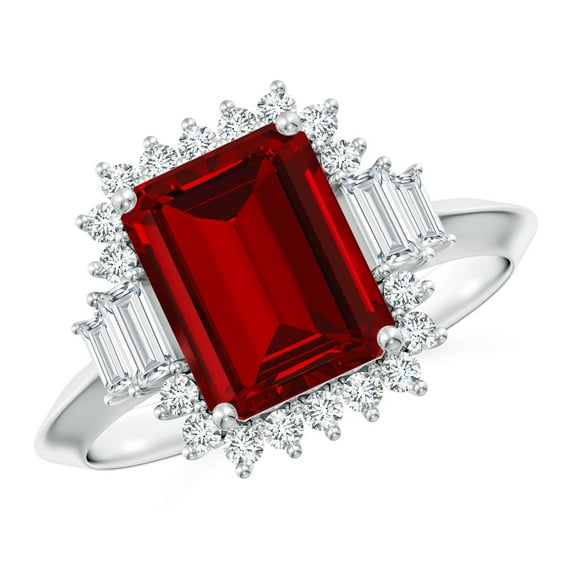 ANGARA Emerald-Cut Lab Grown 3 Ct Ruby Halo Engagement Ring for Women in 14K White Gold (Size-9x7mm) | July Birthstone, Birthday, Anniversary, Jewelry Gift for Women | Lab-Grown Ruby Ring