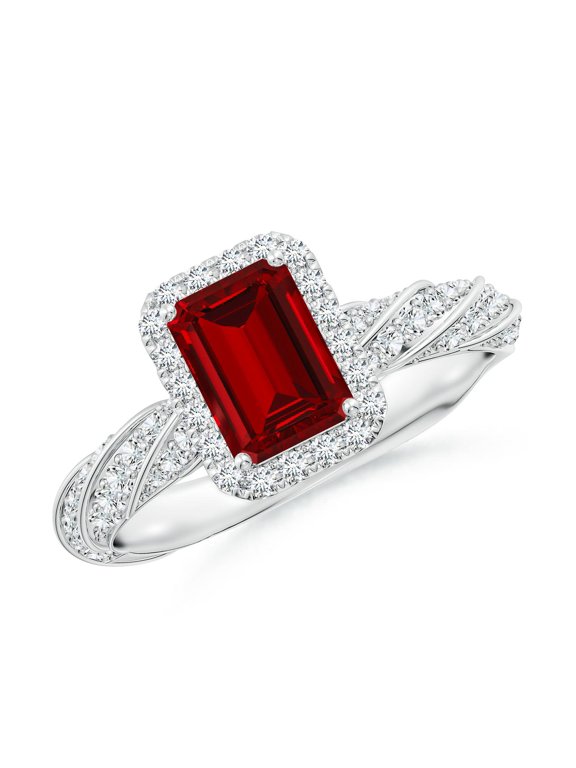 Emerald-Cut Lab Grown 1 Ct Ruby Halo Twisted Rope Shank Engagement Ring for Women in 14K White Gold (Size-7x5mm) | July Birthstone, Anniversary, Jewelry Gift for Women | Lab-Grown Ruby Ring