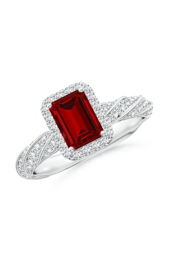 Emerald-Cut Lab Grown 1 Ct Ruby Halo Twisted Rope Shank Engagement Ring for Women in 14K White Gold (Size-7x5mm) | July Birthstone, Anniversary, Jewelry Gift for Women | Lab-Grown Ruby Ring