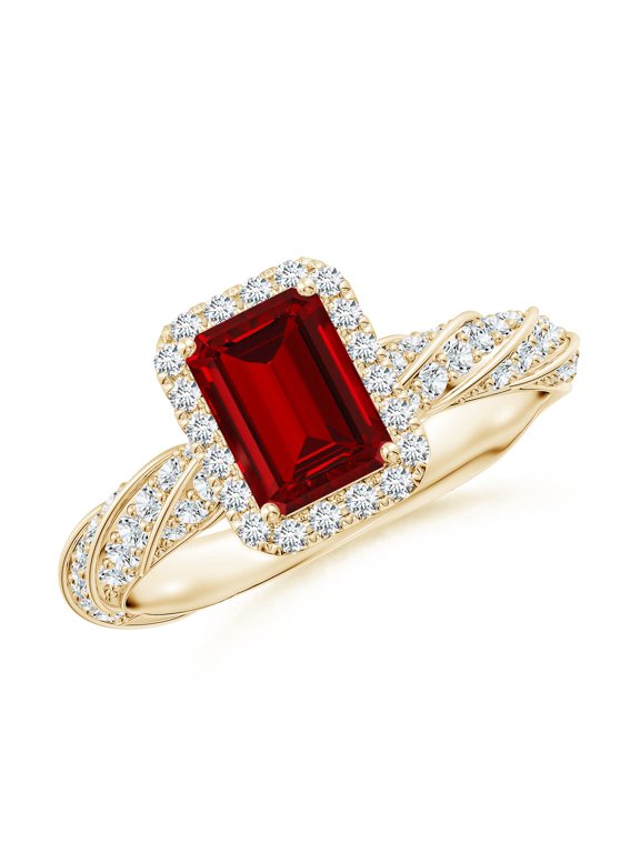 Emerald-Cut Lab Grown 1 Ct Ruby Halo Twisted Rope Shank Engagement Ring for Women in 14K Yellow Gold (Size-7x5mm) | July Birthstone, Anniversary, Jewelry Gift for Women | Lab-Grown Ruby Ring