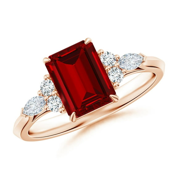 ANGARA Emerald-Cut Lab Grown 1.6 Ct Ruby Side Stone Engagement Ring with Diamonds for Women in 14K Rose Gold (Size-8x6mm) | July Birthstone, Anniversary, Jewelry Gift for Women | Lab-Grown Ruby Ring