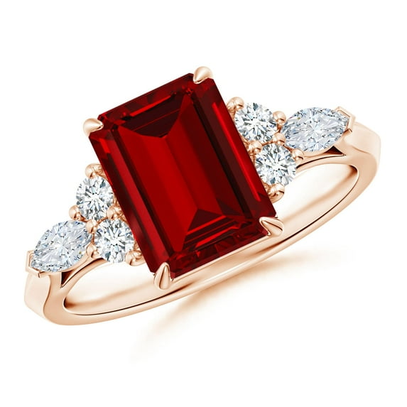 ANGARA Emerald-Cut Lab Grown Ruby Side Stone Engagement Ring with Diamonds for Women in 14K Rose Gold (Size-9x7mm) | July Birthstone Jewelry for Her | Lab-Grown Ruby Engagement Rings