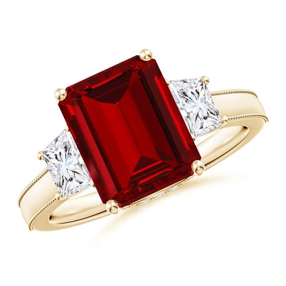 ANGARA Lab Grown 4 Ct Ruby and Trapezoid Diamond Hidden Halo Engagement Ring for Women in 14K Yellow Gold (Size-10x8mm) | July Birthstone, Anniversary, Jewelry Gift for Women | Lab-Grown Ruby Ring
