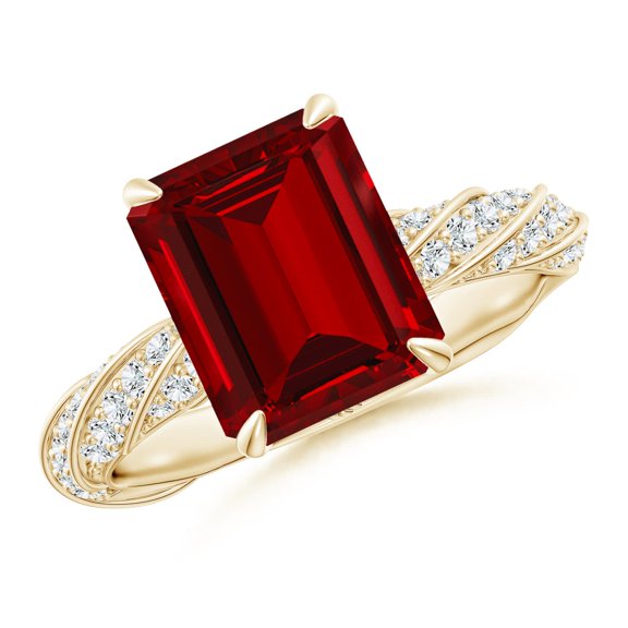 ANGARA Emerald-Cut Lab Grown 4 Ct Ruby Twisted Rope Shank Engagement Ring for Women in 14K Yellow Gold (Size-10x8mm) | July Birthstone, Anniversary, Jewelry Gift for Women | Lab-Grown Ruby Ring