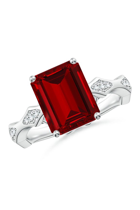 Emerald-Cut Lab Grown 4 Ct Ruby Wavy Shank Engagement Ring with Accents for Women in 14K White Gold (Size-10x8mm) | July Birthstone, Anniversary, Jewelry Gift for Women | Lab-Grown Ruby Ring