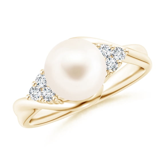 ANGARA Freshwater Cultured Pearl Bypass Ring with Diamond Trio in 14K Yellow Gold for Women | June Birthstone, Birthday, Anniversary, Jewelry Gift for Women | Pearl Ring