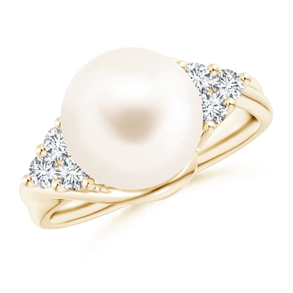 ANGARA Freshwater Cultured Pearl Bypass Ring with Diamond Trio in 14K Yellow Gold for Women | June Birthstone, Birthday, Anniversary, Jewelry Gift for Women | Pearl Ring